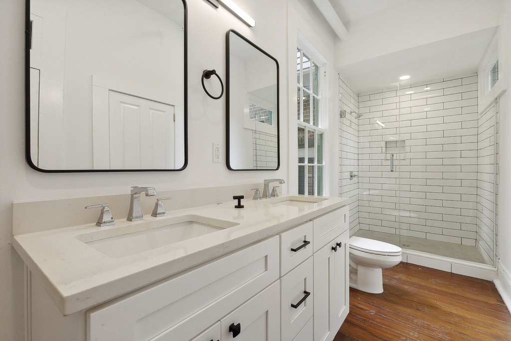 Double sink master bath in Historical new orleans apartment